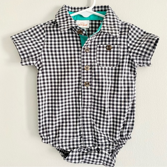 Cat & Jack Baby Gingham Black and White Onesie with Teal Shark Shorts - Picture 2 of 4